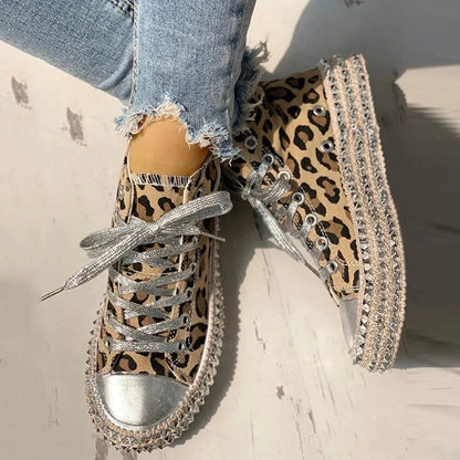 Women's Platform Sneakers - Animal Print - Metallic Toe Cap - Lace-Up Stylish Design