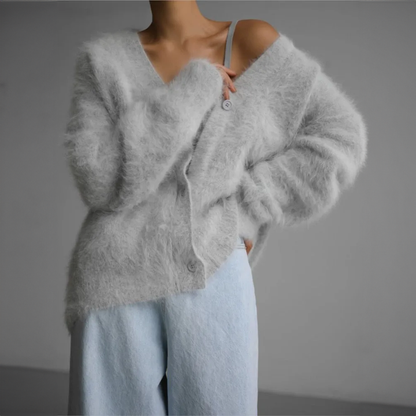 Women's oversized fuzzy v-neck cardigan