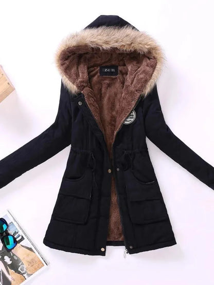 Saskia - long sleeve hooded mid-length coat