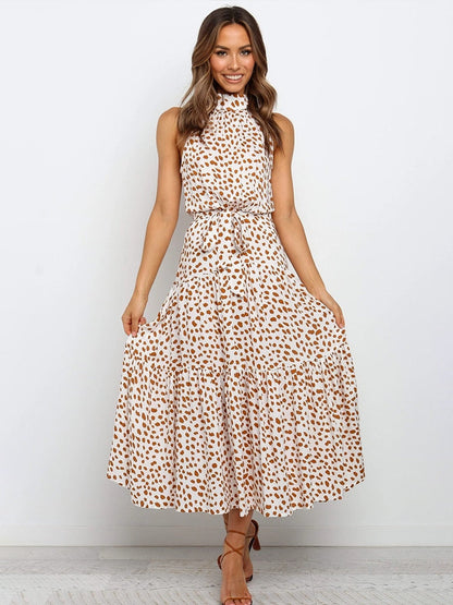 Women’s Halter Midi Dress – Fit-and-Flare – Polka Dot – Waist Tie – Breathable Blend
