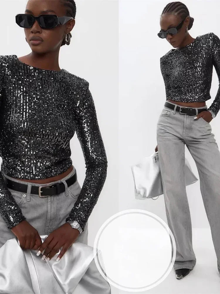 Elegant Sequin Cropped Top | Chic Party Wear | Premium Polyester Fabric