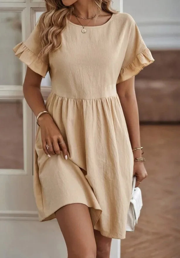 Women’s A-Line Mini Dress - Short Sleeve - Ruffle Hem - Elastic Waist - Casual Fit