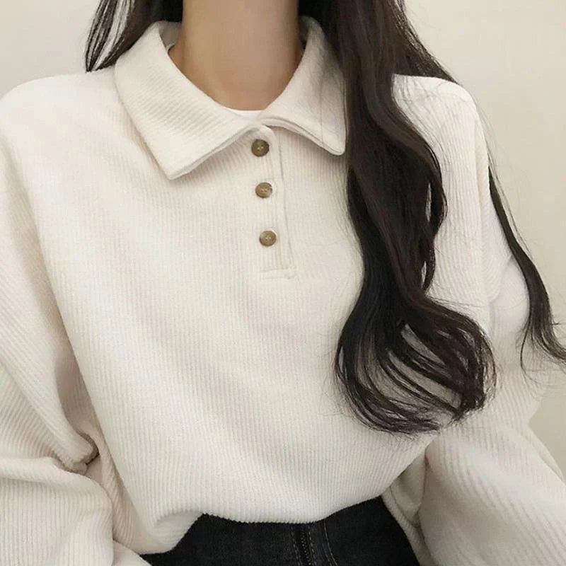 Women's polo collar loose long-sleeved sweater