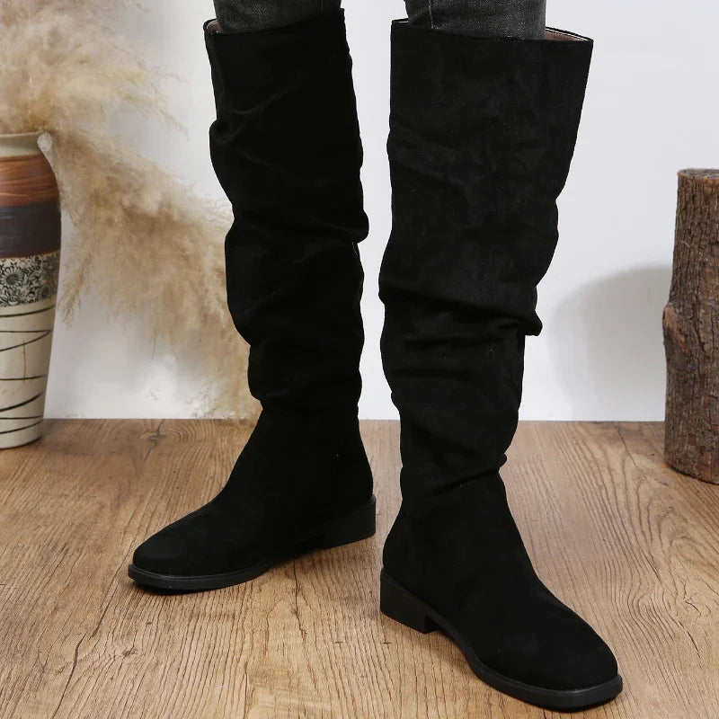 Women's high tube biker boots with chunky heel and round toe