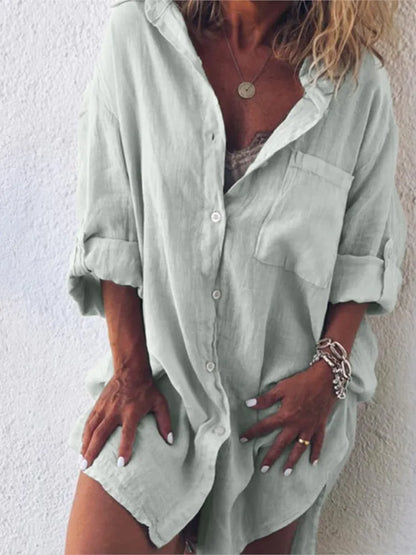 Women's casual summer button pocket long sleeve shirt