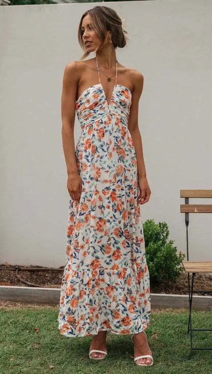 Women's Sleeveless V-Neck Floral Print Maxi Dress