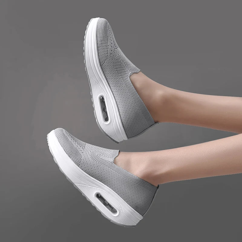 Women's Slip-On Sneakers - Breathable Knit Fabric - Air Cushion Platform Sole