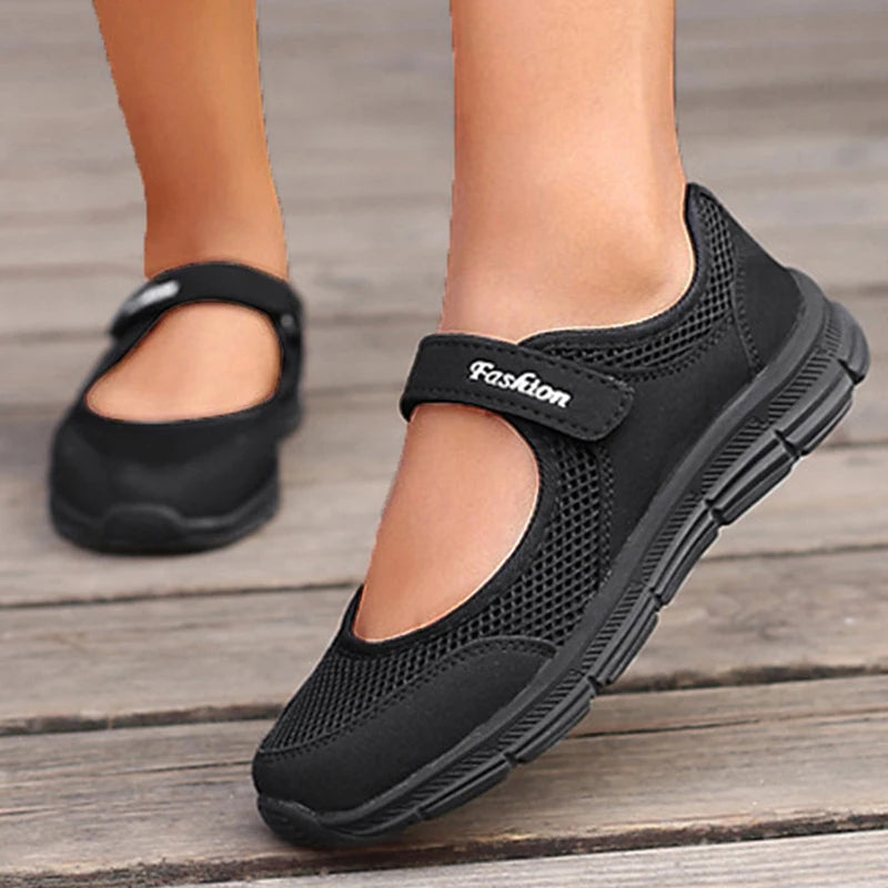 Women's Slip-On Flats - Breathable Mesh - Hook-and-Loop Strap - Lightweight Comfort
