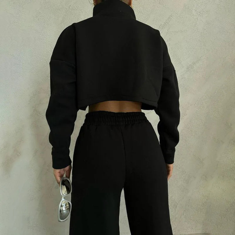 Women's casual round neck zip sweatshirt pants suit set