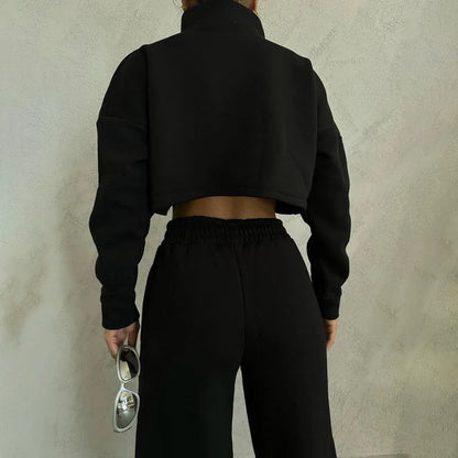 Women's casual round neck zip sweatshirt pants suit set