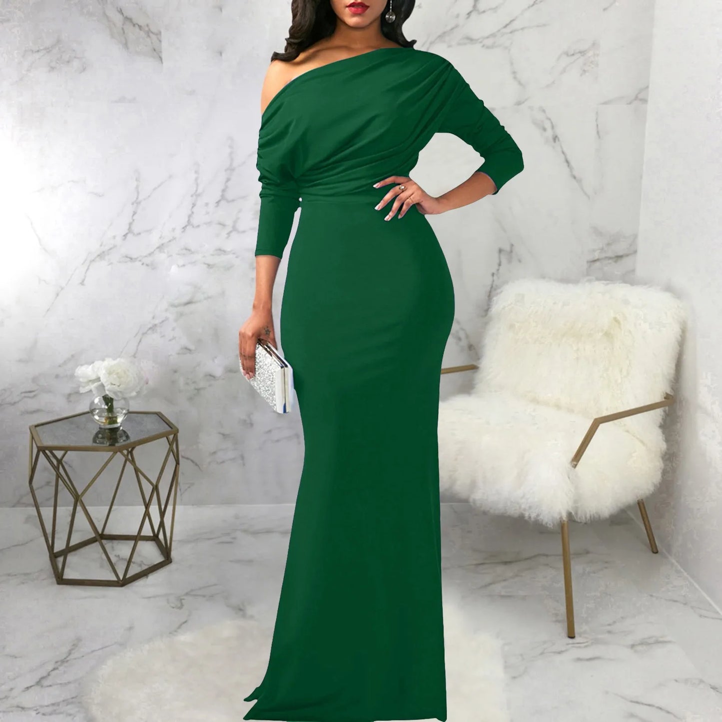 Women’s Evening Gown – Fitted Silhouette – Off-Shoulder – Long Sleeve Draped Satin