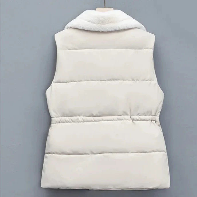 Ava Quilted Collared Puffer Vest | Fur Trim Drawstring Puffer Vest