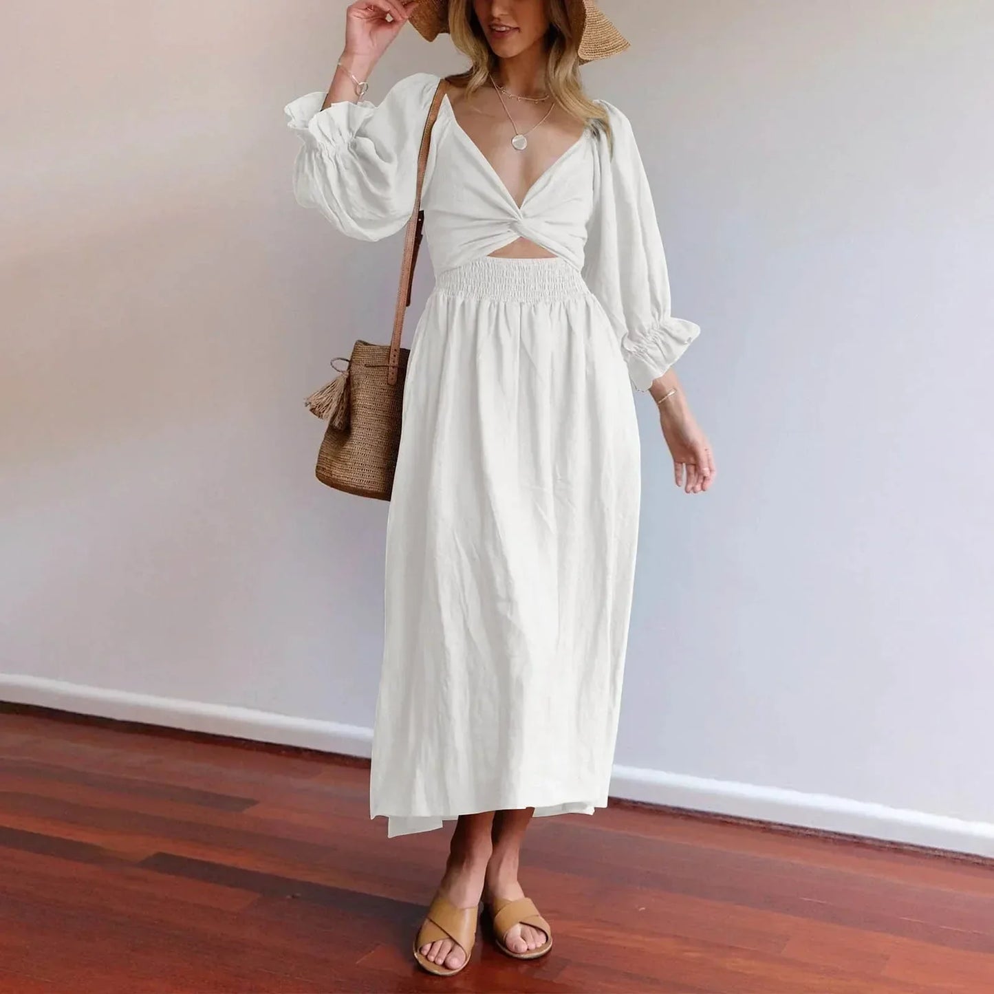 Women's Midi Dress - Twist-Knot Front - Puff Sleeves - Deep V-Neck - Ruched Waist