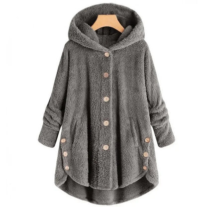 Women’s Fleece Jacket – Relaxed Fit – Hooded – Button Front – Long Back Hem – Pockets