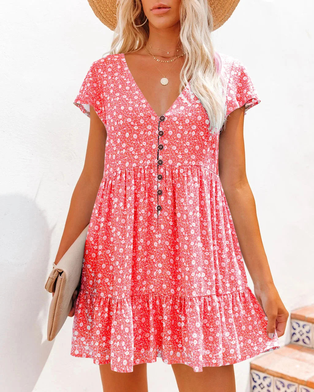 Women's Babydoll Dress - V-Neck - Short Sleeve - Floral Pattern - Ruffle Hem - Button Front