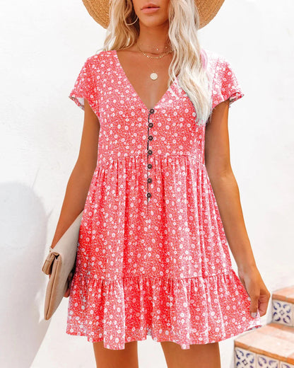 Women's Babydoll Dress - V-Neck - Short Sleeve - Floral Pattern - Ruffle Hem - Button Front