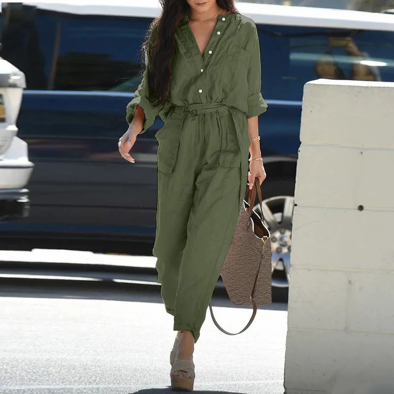 Women's Utility Jumpsuit - Cotton Blend - Long Sleeve - Belted Waist - Full Length