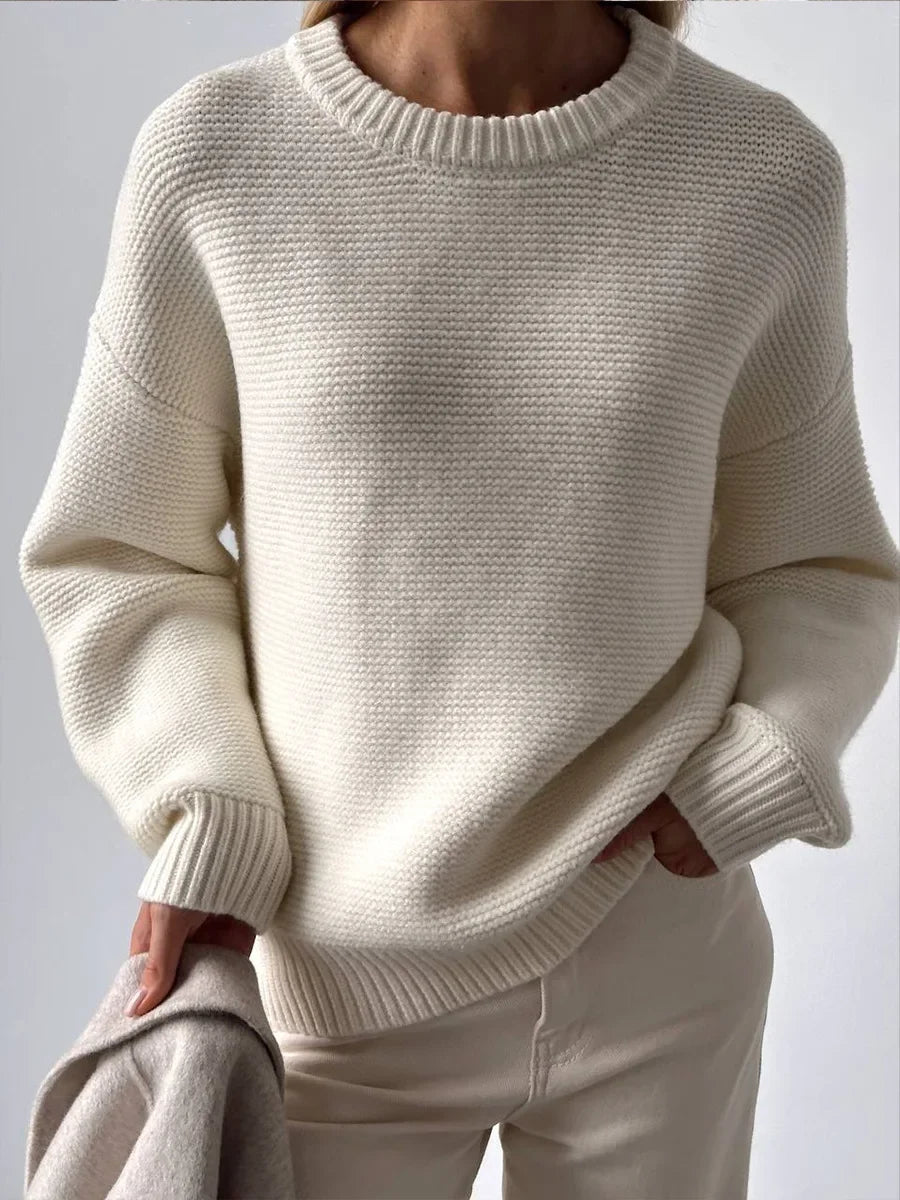 Simple white crew neck pullover sweater for women