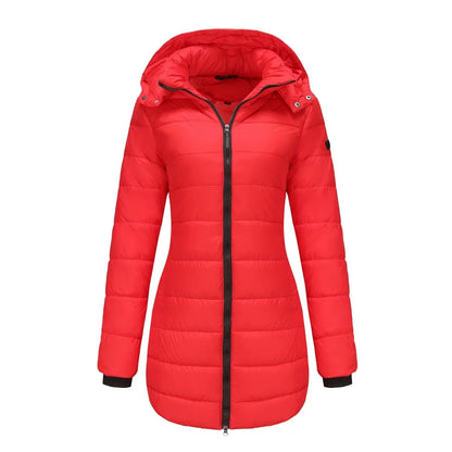 Women's winter puffer jacket with a removable quilted hood