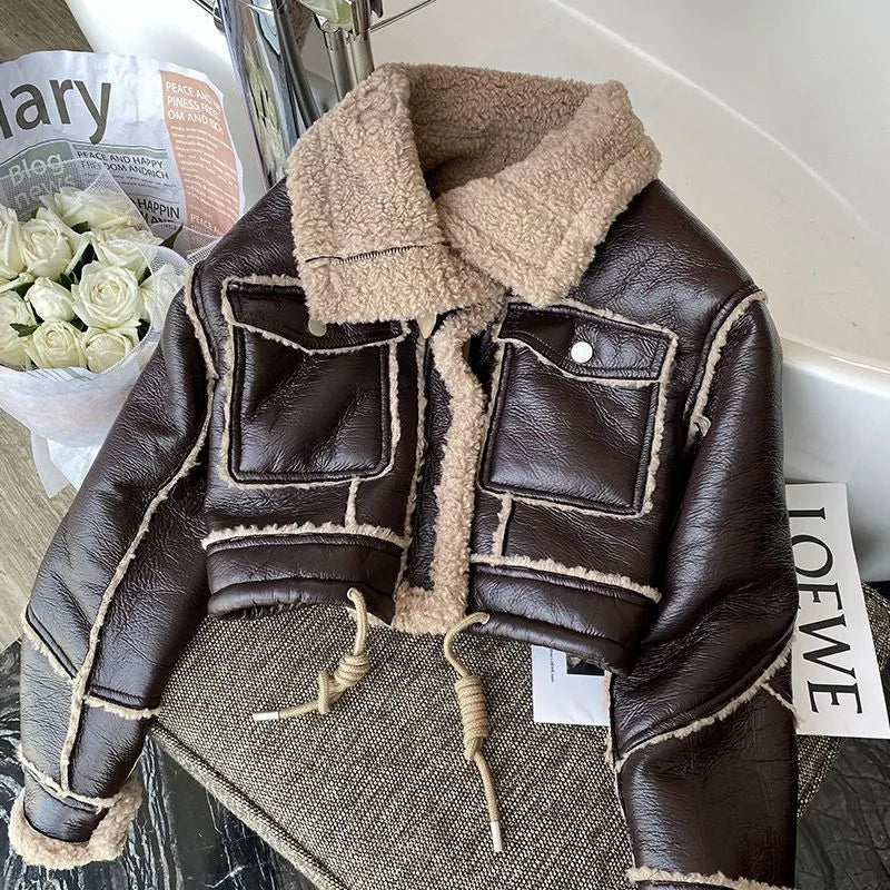 Women's cropped winter leather jacket