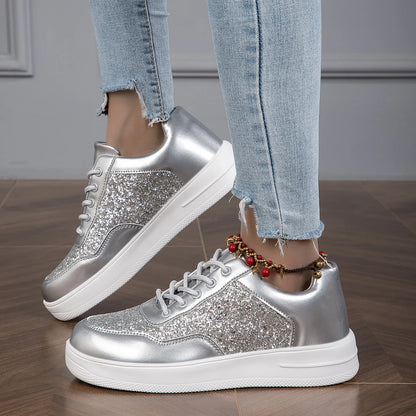 Women's Sneakers - Chunky Sole - Glitter Panel - Lace-Up Fashion Casual Shoes