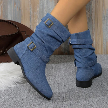 Women's denim buckle ankle boots