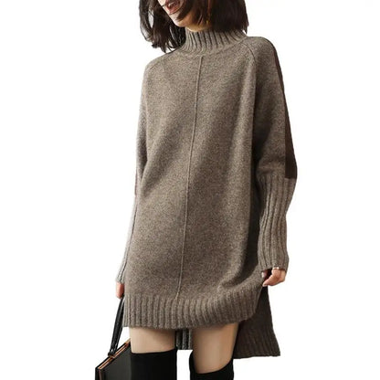Women’s Sweater Dress - Wool Blend Knit - Oversized Fit - Ribbed Turtleneck Long Sleeve