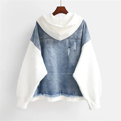 Women's loose fit hooded denim jacket with layered effect zipper closure