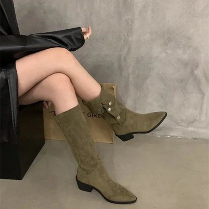 Women's cowboy stacked heel mid-tube tassel boots