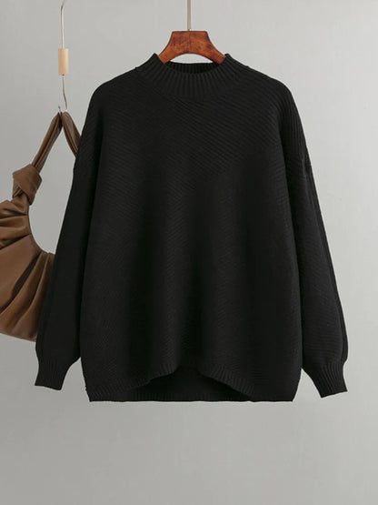 Women's retro loose long sleeved half turtleneck knit sweater