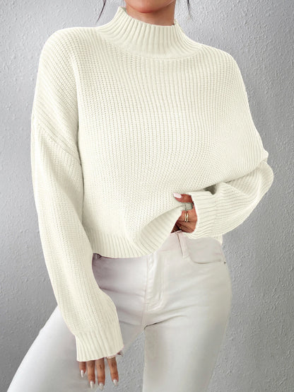 Women’s Knit Sweater - Ribbed Wool Blend - High Neck - Oversized Fit - Long Sleeve
