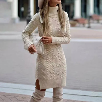 Women's Sweater Dress - Cable Knit - Turtleneck - Long Sleeve - Form-Fitting Stylish Wear