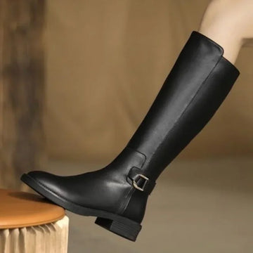 Women's PU leather knee boots with buckle metal details