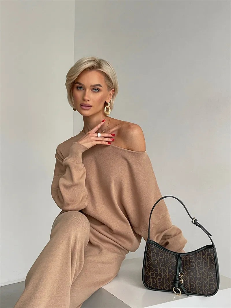 Women's knitted oblique shoulder and pants set