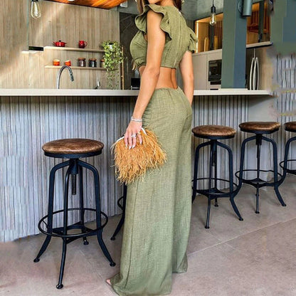 Women's summer waist-revealing loose wide-leg jumpsuit