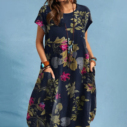 Women's Midi Dress - Floral Print - Relaxed Fit - Short Sleeve with Pockets