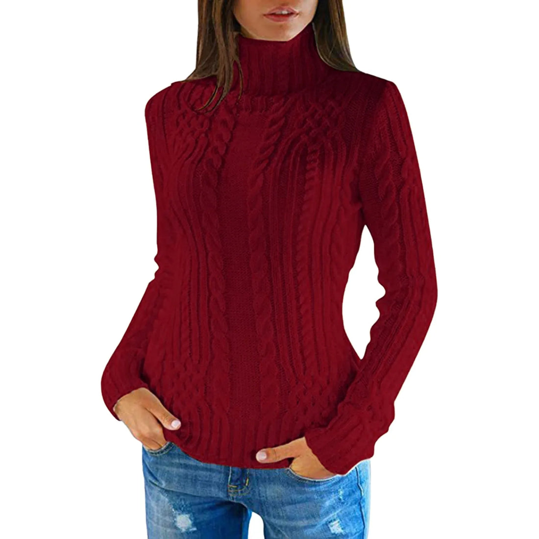 High-neck cable knit sweater for women