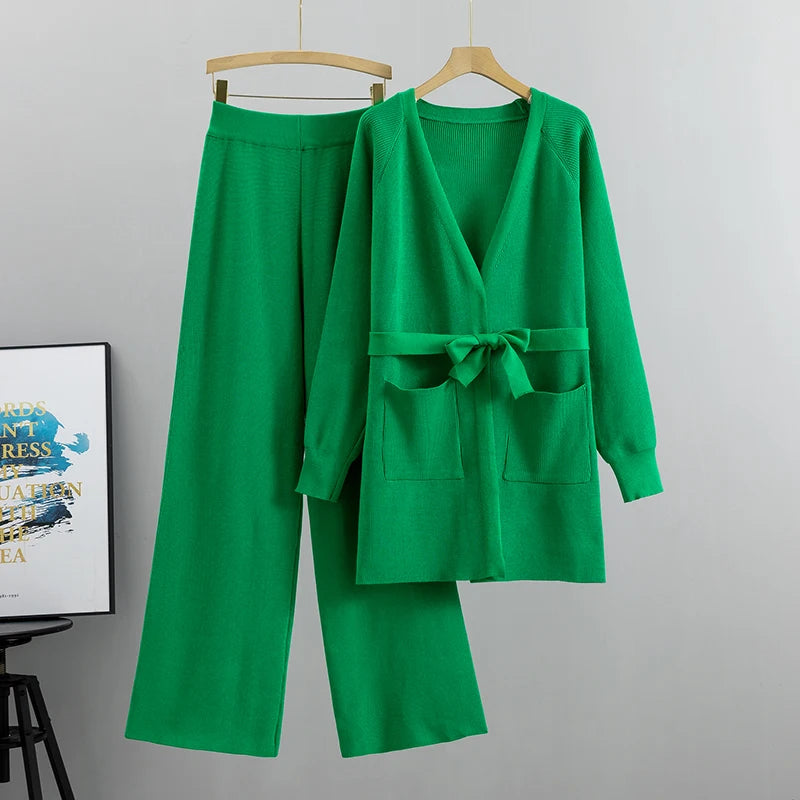 Women's autumn winter knit cardigan wide leg pants sets