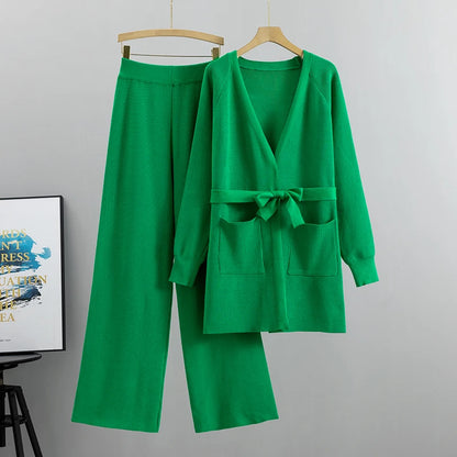 Women's autumn winter knit cardigan wide leg pants sets