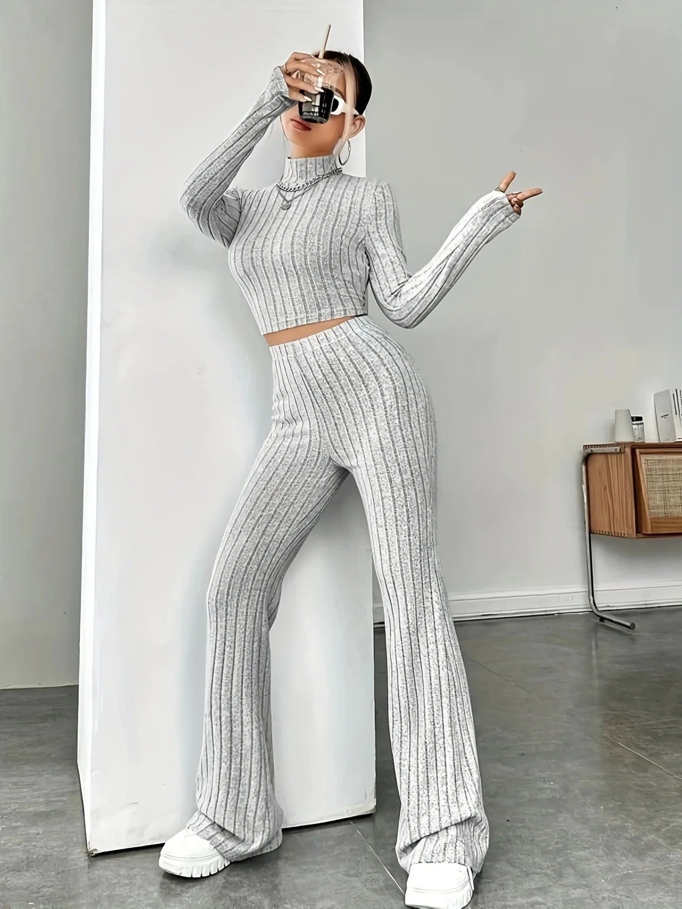 Spring women's knitted two-piece set sweater and loose pants