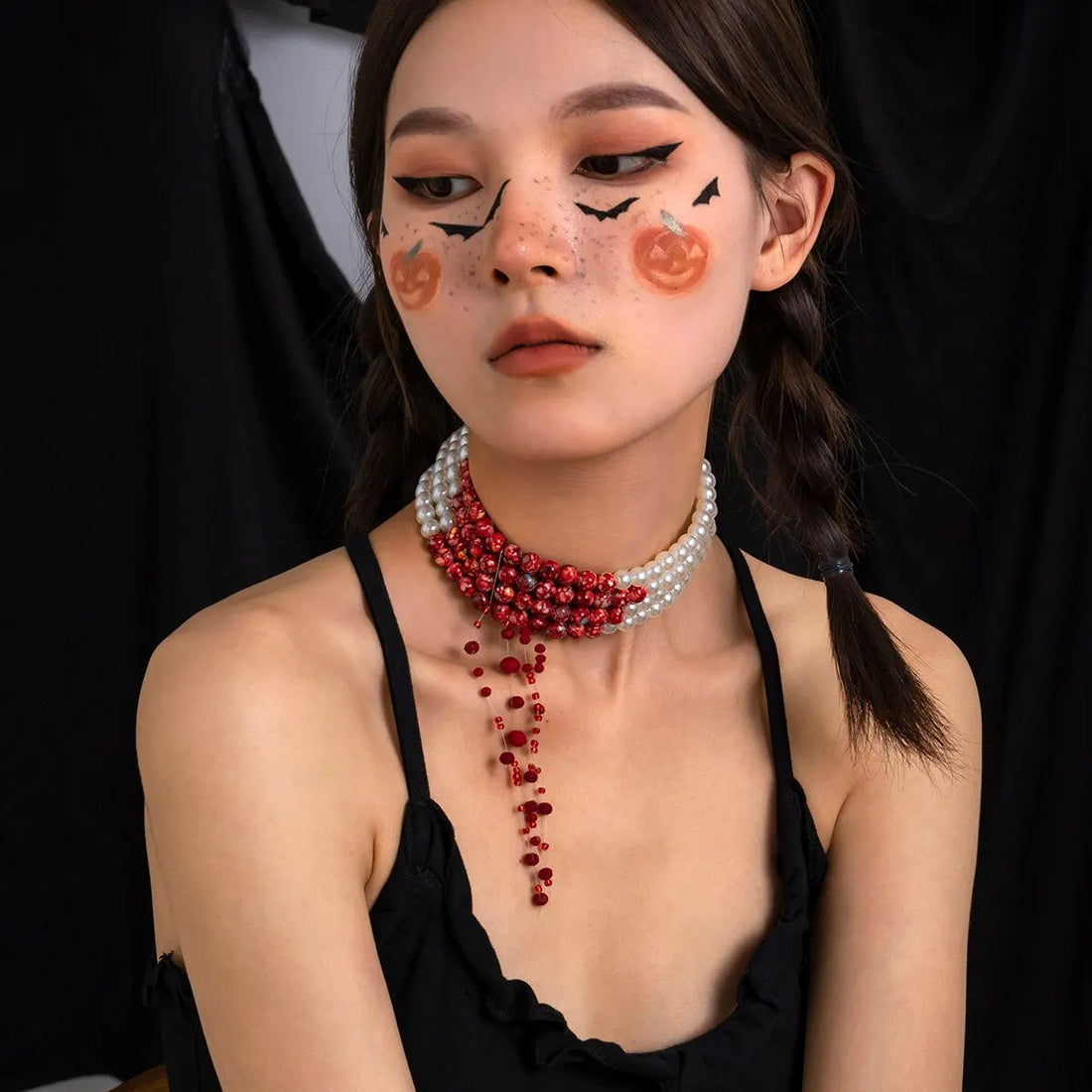 Bold red and pearl beaded layered choker necklace