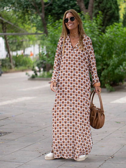 Women's Maxi Dress - V-Neck Long Sleeve - Flowing Loose Fit - Geometric Pattern