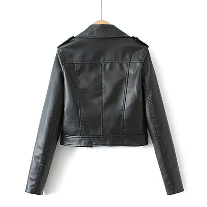 Women's zip-up belted PU leather moto jacket