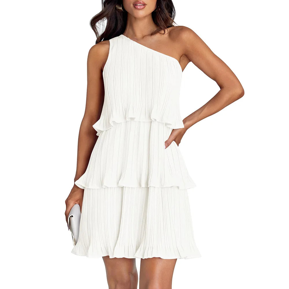 Pleated Chiffon One-Shoulder Midi Dress