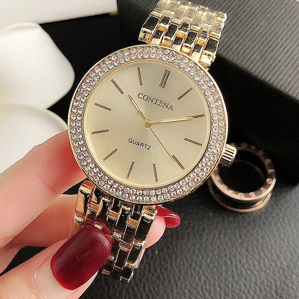 Elegant quartz women's wristwatch with crystal bezel