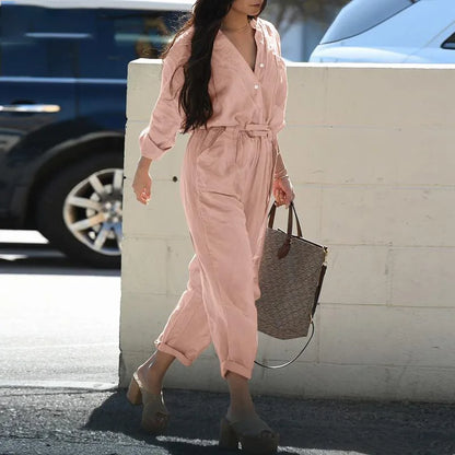 Women's Utility Jumpsuit - Cotton Blend - Long Sleeve - Belted Waist - Full Length