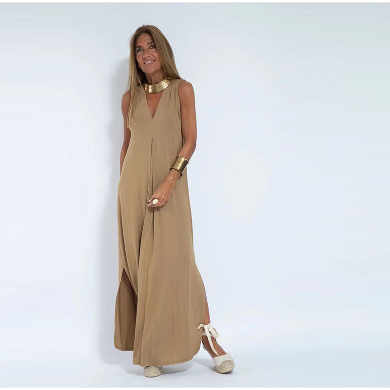 Women’s Sleeveless Dress - V-Neck Flowy Fit - Elegant Pleated Detail