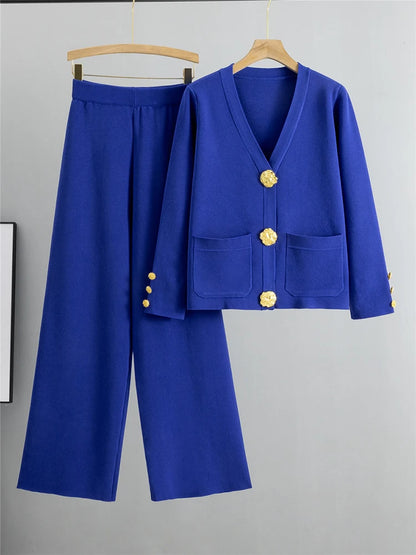 Women's knit v-neck cardigan high waist wide leg pants set