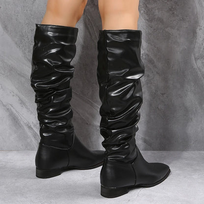 Women's knee high punk style pleated PU leather boots