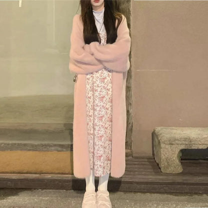 Women's long cardigan winter knitted fluffy sweater